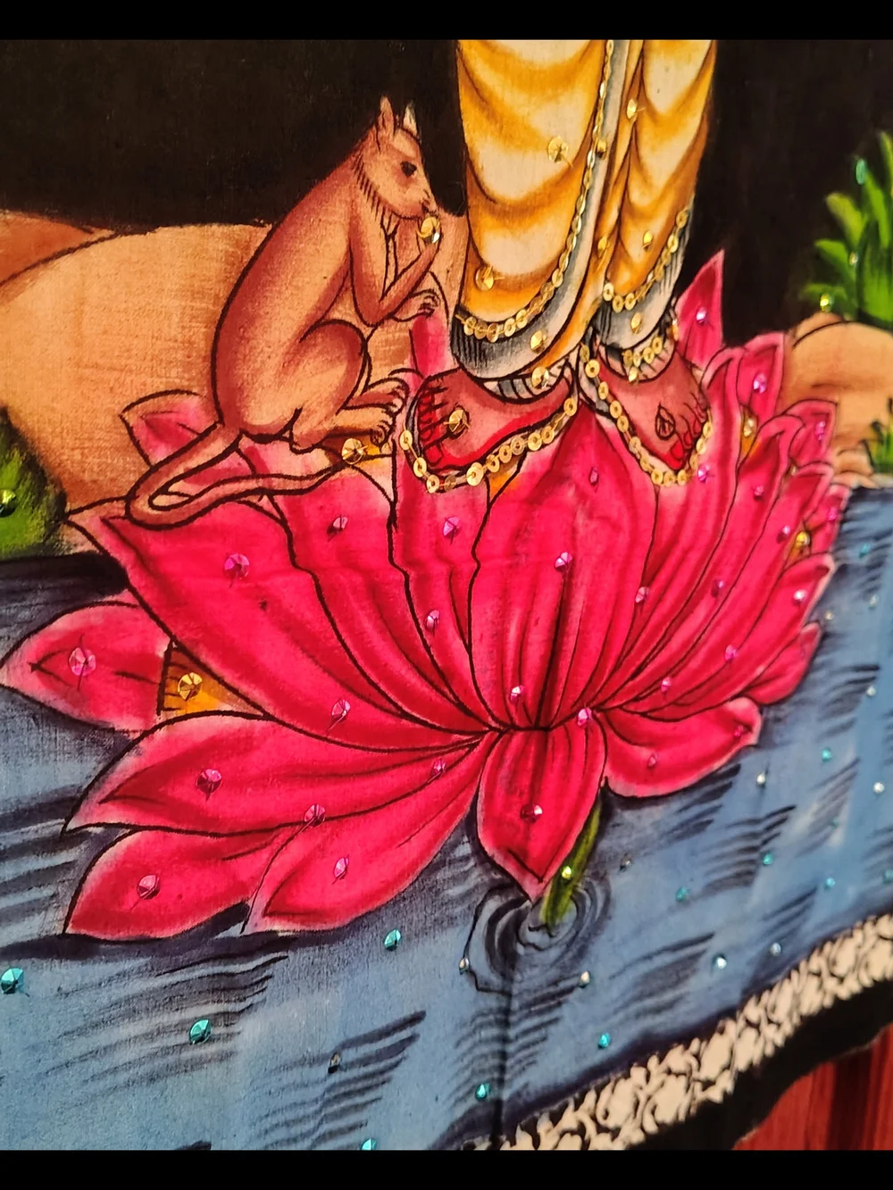 Ganesha On Lotus w Mushaka Fiber Art Sequins Rhinestones Hindu Mythology 35